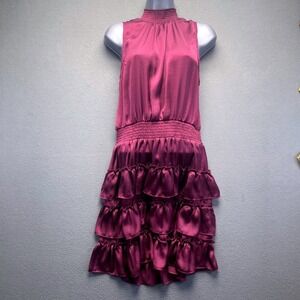 MSK Women Dress Plum Satin Tiered Ruffle Mock Neck Medium New With Tags Cocktail
